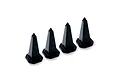 A set of four small black plastic traffic cones for RC scale models, arranged in a row on a white background.