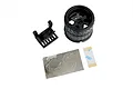 A black 6-spoke RC transmitter steering wheel accessory kit including a wheel, mounting bracket, and adhesive decals on a white background.