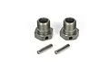 Two metal wheel hex adapters with threaded shafts and two matching drive pins, isolated on a white background.