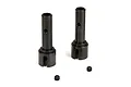 Two black metal RC wheel axles and two small grub screws on a white background.