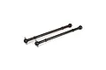 Two black metal RC rear drive shafts with ball joints at each end, positioned diagonally on a white background.