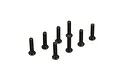 A set of eight black metal countersunk screws arranged in a loose group against a white background.