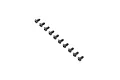 A set of ten black metal button head screws arranged in a diagonal line on a white background.