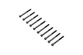 A set of ten black metal cap head screws arranged in a diagonal line on a white background.