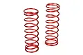 Two red metal coil springs for RC car shocks standing upright against a white background.
