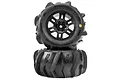 Two Pro-Line 1/16 Dumont MT paddle tyres pre-mounted on black split-six RC wheels, stacked vertically against a white background.