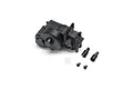 A black plastic RC transmission housing for the Losi Micro-B, including a small white pinion gear, two drive cups, and two small screws.