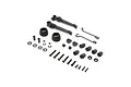 Losi Promoto-SM lean bar set including plastic arms, rubber boots, metal screws, bearings, and hardware components arranged on a white background.
