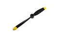 A black RC airplane propeller with yellow tips, viewed from an angle against a white background.