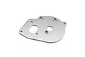A silver-coloured metal motor plate for a Losi 22S Sprint RC car, featuring various mounting holes and slots, isolated on a white background.