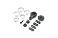 Losi servo saver parts kit including plastic arms, metal clips, and a screw on a white background.