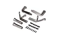 A set of blue steel RC exhaust headers, pipes, mounting plates, and screws for a Losi 22S Sprint on a white background.
