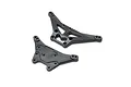 Two black plastic shock towers for a Losi 22S RC car, shown from front and back angles on a white background.