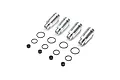 A set of four silver metal RC shock bodies with accompanying black rubber O-rings and small spacers on a white background.