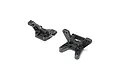 Two black molded plastic RC car suspension components, likely a camber block and bulkhead, shown from an elevated angle on a white background.