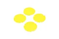Four bright yellow circular wheel covers for an RC car, arranged in a diamond pattern against a white background.