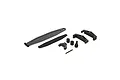 A set of black plastic RC battery mounting parts including a strap, foam pad, brackets, and pins on a white background.
