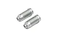 Two silver aluminum threaded shock bodies for Losi RC vehicles, shown from a high angle on a white background.