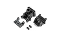TLR front gear box components for 8X RC model, including main housing, cover, and small mounting brackets in black plastic.