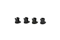 Four black plastic shock cap bushings for TLR RC vehicles arranged in a row against a white background.