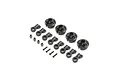 A set of TLR shock plastic parts including shock caps, ball ends, pivot balls, and screws for RC vehicles.