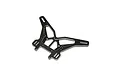 A black anodized aluminum rear shock tower for an RC vehicle, featuring multiple mounting holes and a lightweight cutout design.