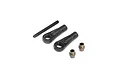 TLR steering link components including a threaded metal rod, two black plastic rod ends, and two metal ball studs on a white background.