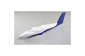 A white and blue foam fuselage for an E-Flite Twin Otter RC plane, shown from a high-angle side view against a grey background.