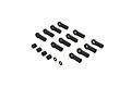 A set of black plastic rod ends and small spacers for ARRMA RC vehicles arranged on a white background.