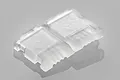 A close-up of a translucent plastic 3S LiPo battery balance connector saver clip on a light grey background.