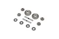 A set of TLR differential gears, including two large bevel gears, four small satellite gears, two cross shafts, and four shims on a white background.