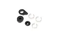 Losi Mini LMT servo saver parts including black plastic components and metal C-clips on a white background.