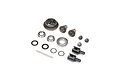 A collection of Losi Mini LMT differential spare parts including gears, bearings, drive cups, and washers laid out on a white background.