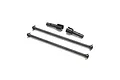 Two black metal dog bone driveshafts and two matching drive cups for an RC vehicle on a white background.