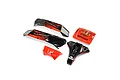 A set of pre-painted and decorated body panels for the Losi Lasernut RC vehicle, including side, roof, and hood sections in red and black.