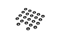 A collection of twenty-two small, black, circular rubber body buttons arranged in a grid on a white background.