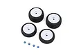 Four Pro-Line 1/24 Electron 2.0 buggy tires mounted on white wheels, accompanied by four blue anodized wheel nuts on a white background.