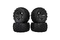 Four ARRMA dBoots Copperhead 2 RC monster truck tires with black multi-spoke wheels arranged in a two-by-two stack against a white background.