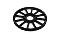 A black plastic main gear for an RC helicopter, featuring a spoked design and fine teeth around the outer edge, isolated on a white background.
