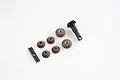A set of FMS differential gears including four small bevel gears, one pinion gear, and two metal shafts on a white background.