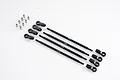 FMS Rear Turnbuckle Set V1 including four threaded metal rods, eight plastic rod ends, and eight metal pivot balls on a white background.