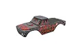 ARRMA 1/10 Quake 223S painted RC truck body shell in grey and red camo pattern on a white background.