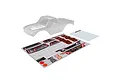 An unpainted clear polycarbonate RC truck body shell for the ARRMA Quake 223S, accompanied by a decal sheet and window mask sheet.