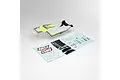A clear, unpainted Losi 1/8 8XTE RC body shell with yellow accents, accompanied by several sheets of decal stickers on a white background.
