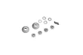 A set of Kyosho metal bevel differential gears, including two large bevel gears, four small satellite gears, three washers, and two metal pins.