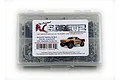 A clear plastic storage box filled with various stainless steel screws for an Arrma Senton 3S BLX RC car, featuring the RC Screwz branding label.