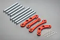 A set of Rovan red anodized aluminium suspension braces, silver steel suspension pins, and small E-clips arranged on a grey background.