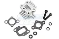 Rovan silver aluminium intake manifold with heat sink fins, two bolts, two gaskets, and two washers on a white background.