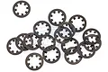 A collection of 15 small, dark grey steel star-shaped locking washers scattered on a white background.