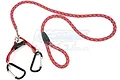 A red and grey braided tow rope kit for RC vehicles, featuring two black carabiners and a plastic buckle on a white background.